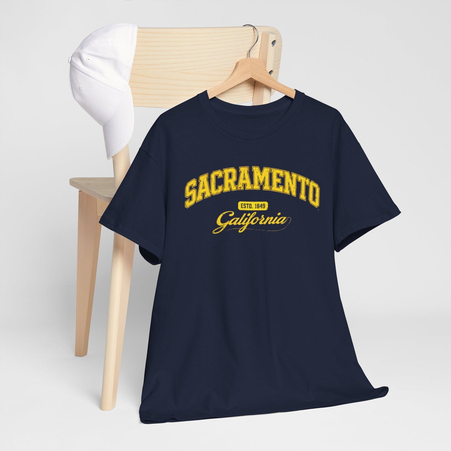 Dark Slate Gray Sacramento California Vintage Arc Tee — Retro Yellow College-Style T-Shirt