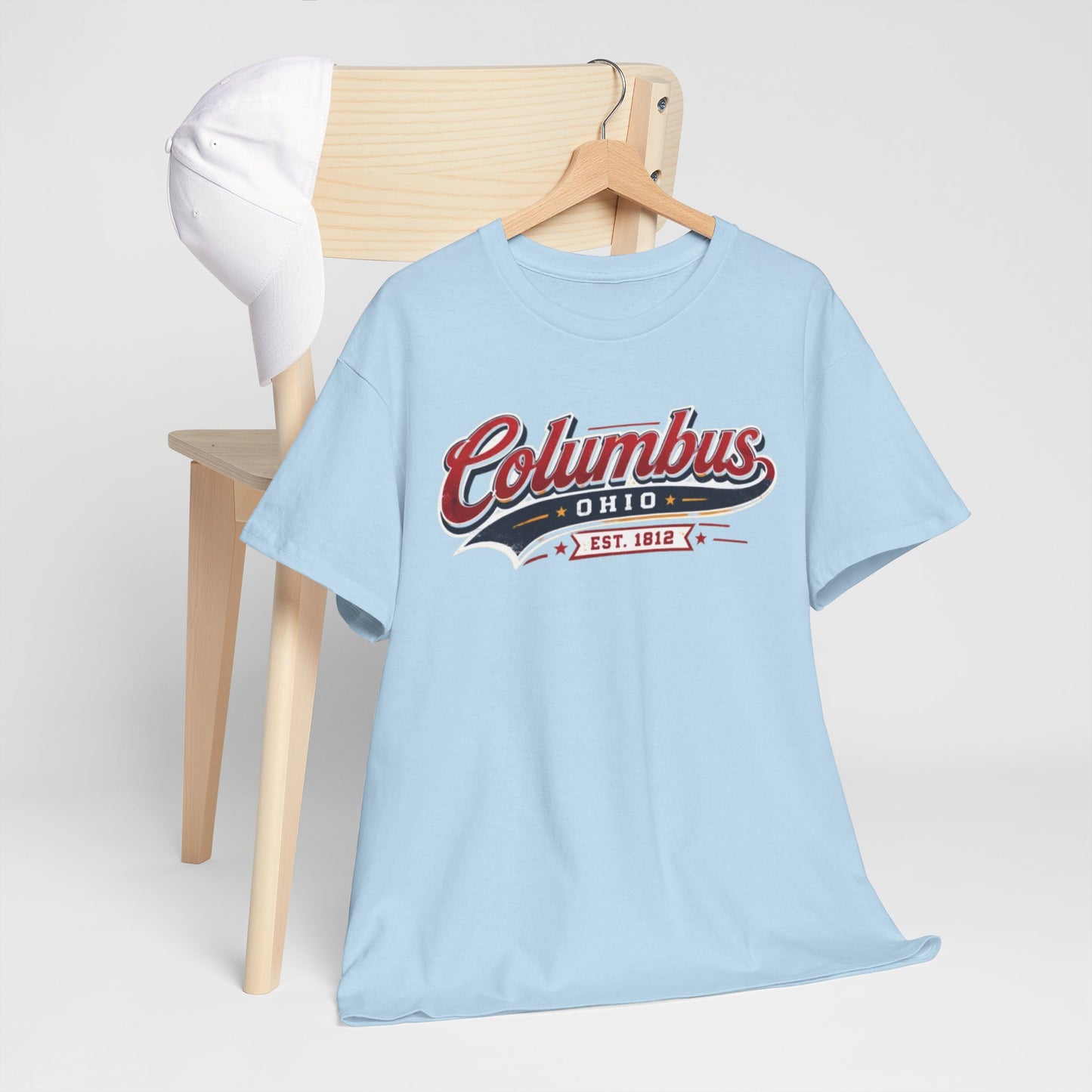 Light Blue Columbus Ohio Vintage Script Tee — Established 1812 City T-Shirt