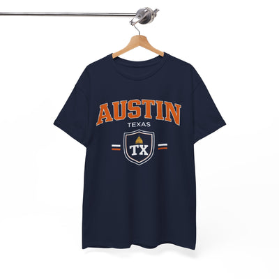 White Smoke Austin Texas TX Shield Graphic Tee — Vintage College-Style City T-Shirt