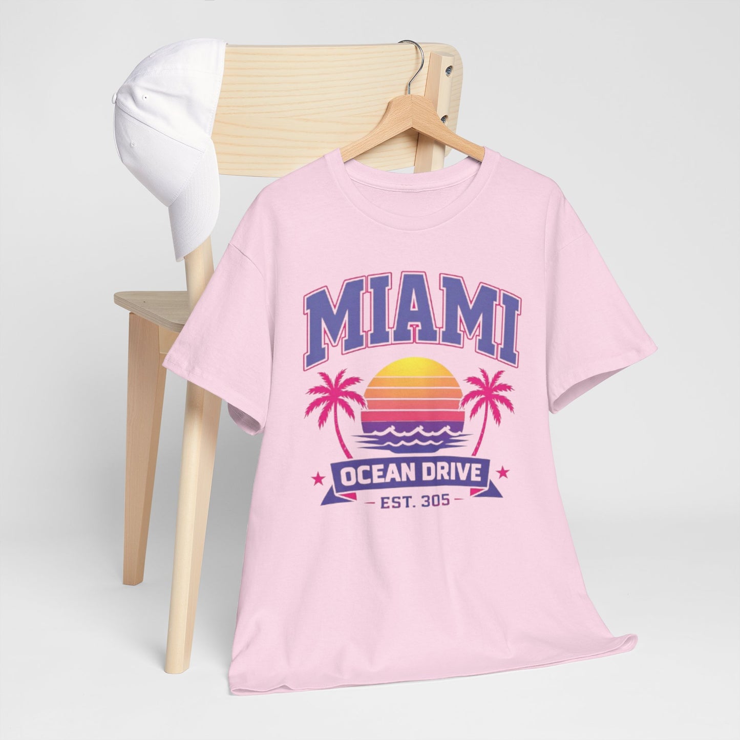 Lavender Miami Ocean Drive Est. 305 Graphic T-Shirt – Retro Sunset Beach Streetwear Tee