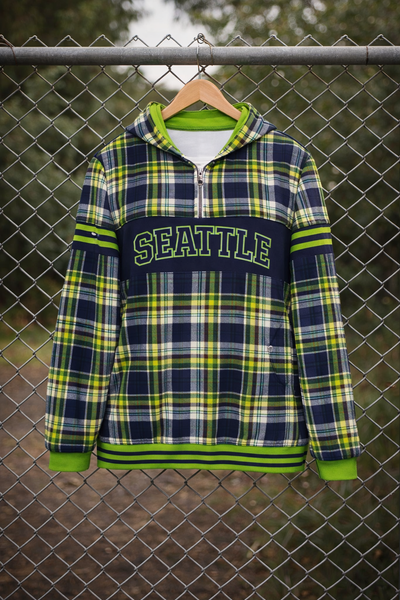 Dark Slate Gray Seattle Football Tartan Plaid Women’s Borg Fleece Hoodie With Half Zip – Navy and Green Sherpa Game