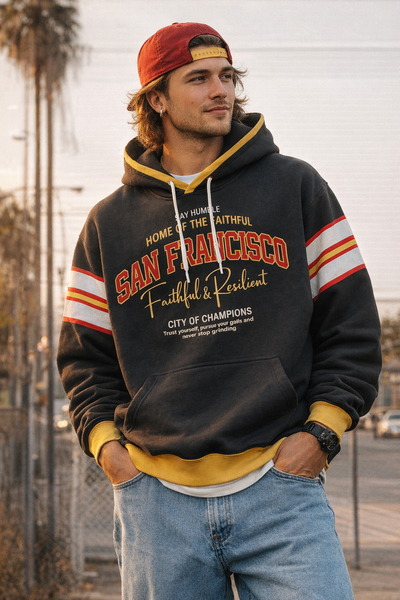 Dark Slate Gray San Francisco Faithful and Resilient Hoodie Black Gold Retro Football Streetwear Pullover Sweatshirt