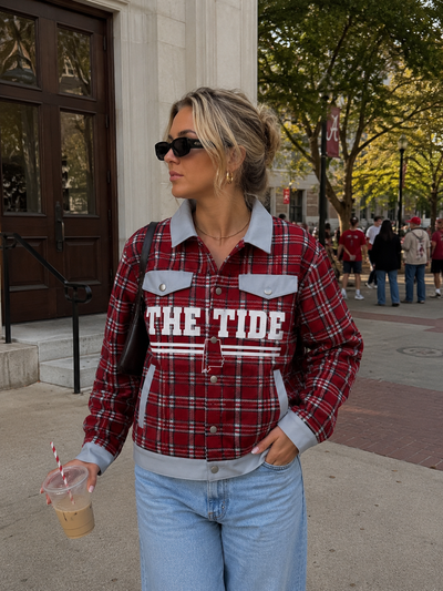 Crimson Plaid “The Tide” Game Day Jacket – Vintage Alabama Inspired Streetwear Coat