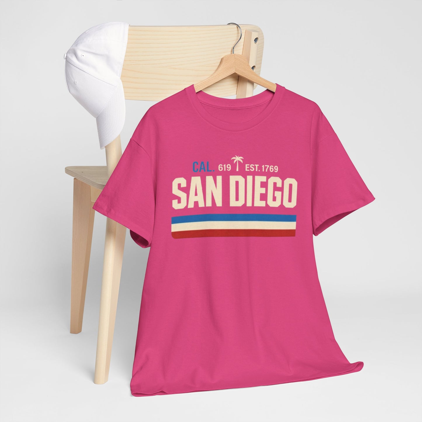 Violet Red San Diego Retro Striped Tee — "San Diego" Vintage Palm California T-Shirt