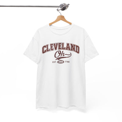 White t-shirt with 'Cleveland Oh' text on a hanger against a white background