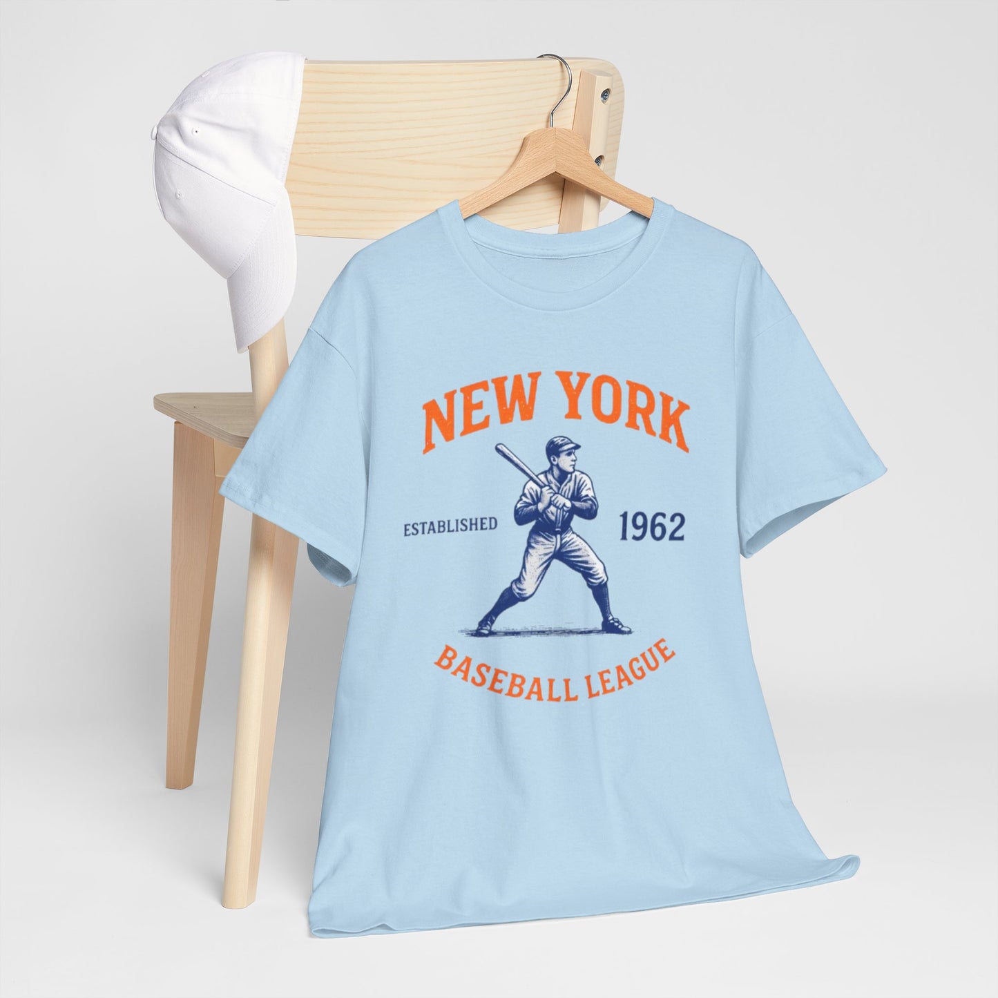 Light Blue New York Baseball League Tee — Vintage 1962 Batter Graphic Shirt