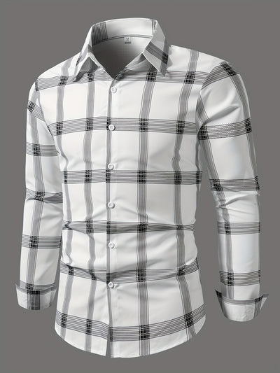 Dim Gray Men's Plaid Shirt Long Sleeve Shirt Trendy Plaid Non-Directional Print Business Casual Top