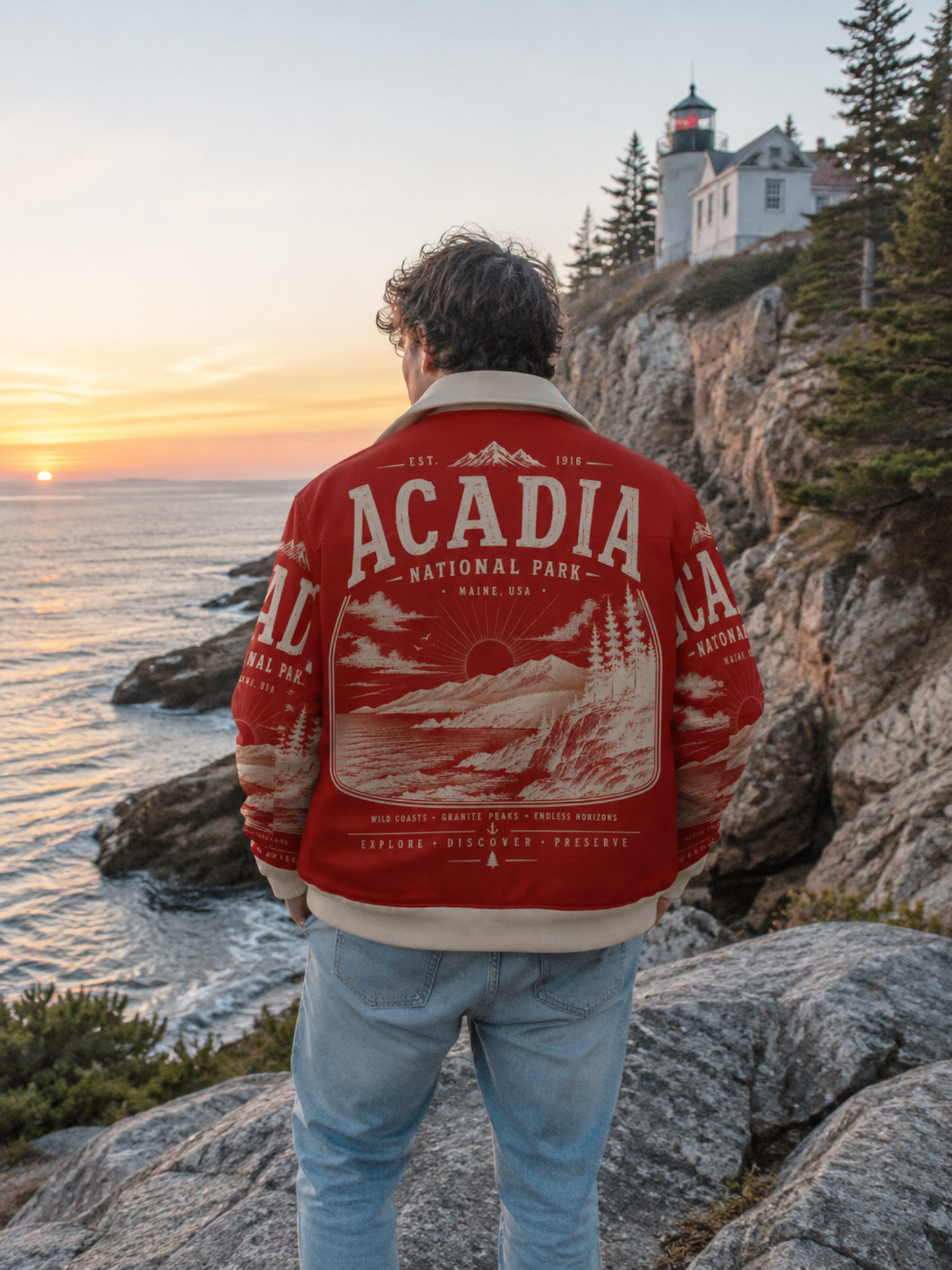 Acadia National Park Vintage Red Jacket – Coastal Mountain Outdoor Streetwear Bomber