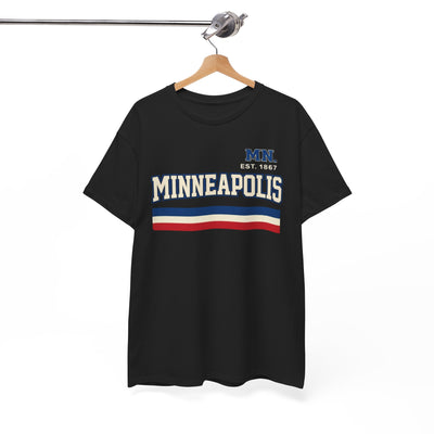 Navy blue t-shirt with 'Minneapolis' text on a hanger against a white background