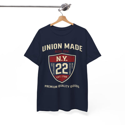 New York NY Union Made Shield Tee — Vintage 'N.Y. 22' Graphic Cotton T-Shirt – game day outfit, casual fan outfit, image 1.0