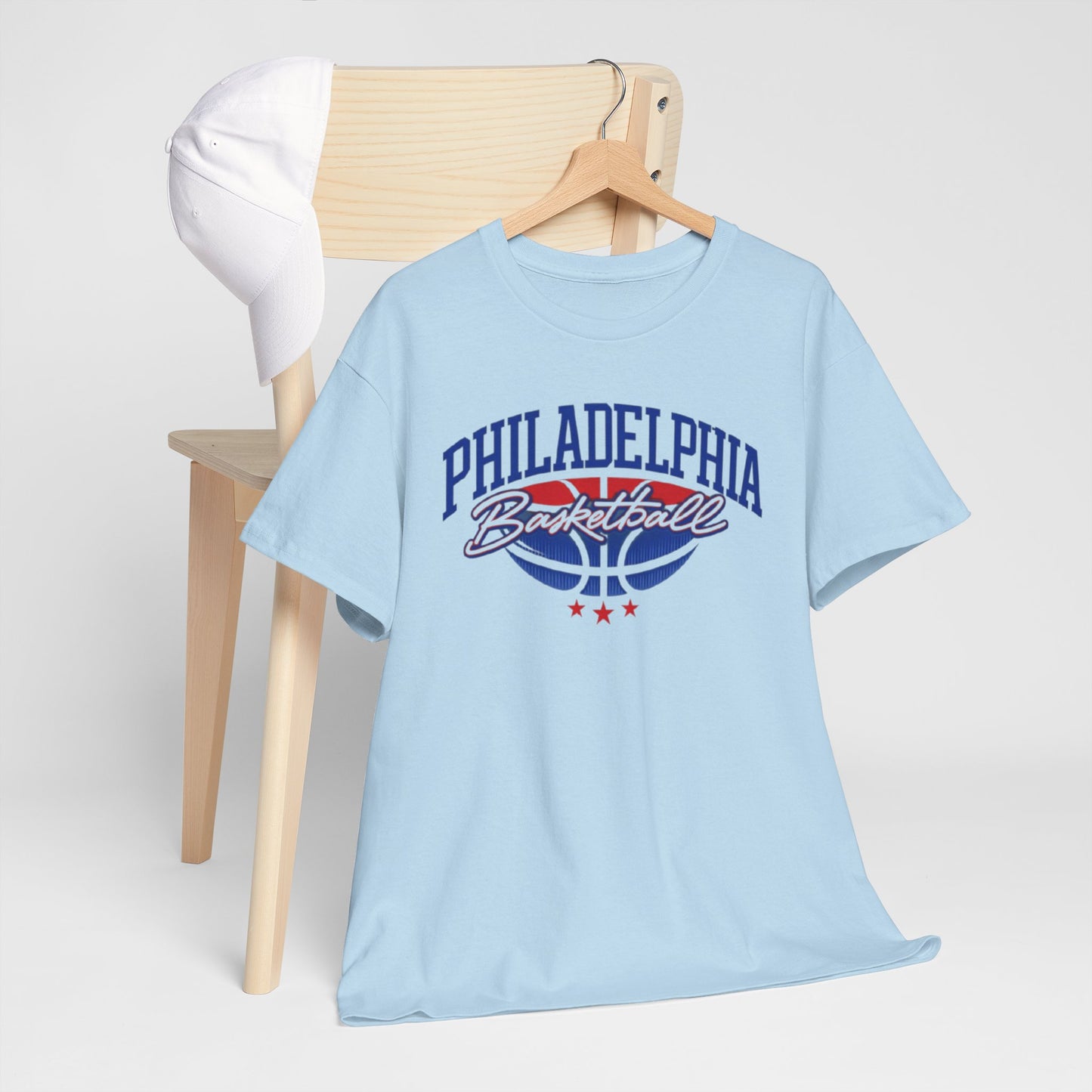 Light Blue Philadelphia Basketball Tee — Retro Varsity Logo Shirt