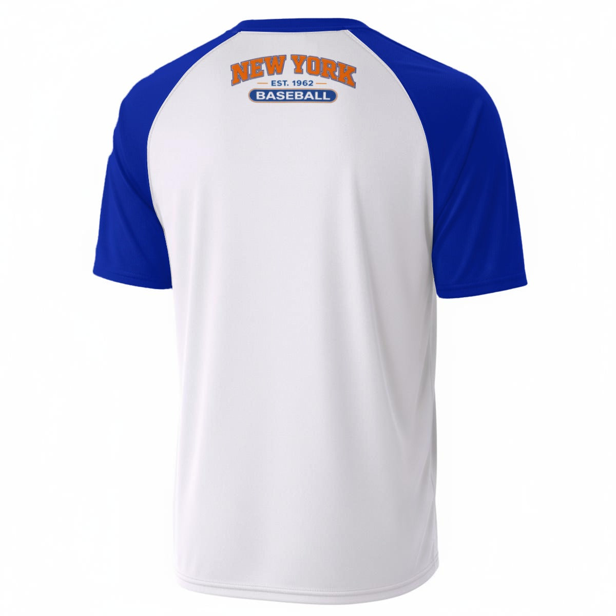 White Smoke New York Baseball Fan T-Shirt with Est. 1962 Badge – Orange and Blue Game Day Tee