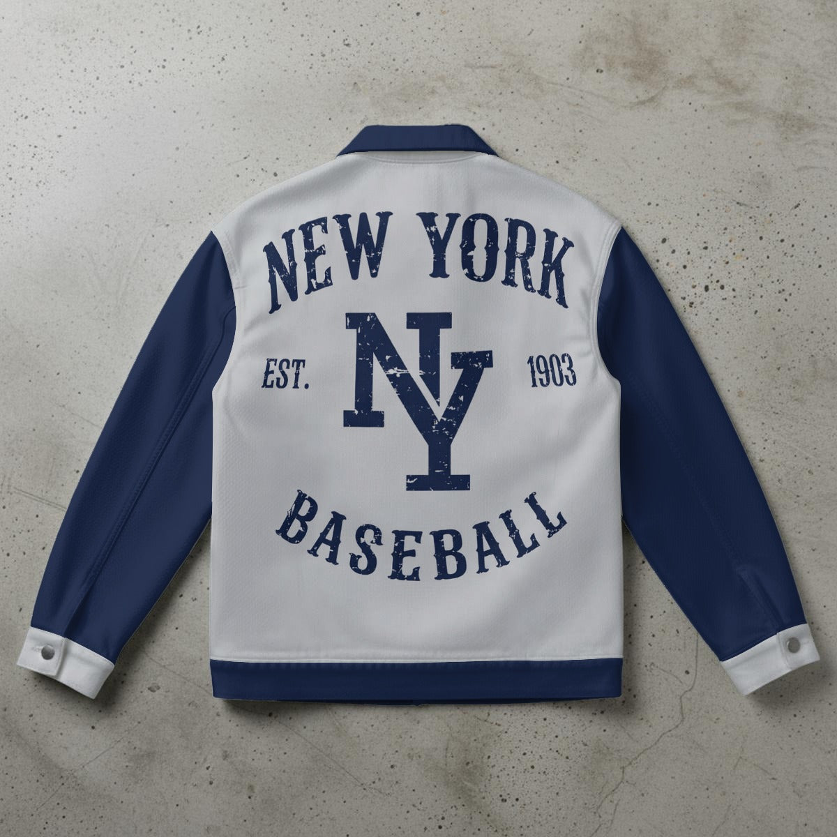 New York Baseball Varsity Jacket – Vintage Blue and White Streetwear Bomber Jacket