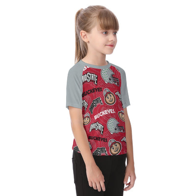 Ohio State Buckeyes Kids Raglan Sleeve T-Shirt – Scarlet and Gray Youth Football Game Day Shirt White game day varsity apparel