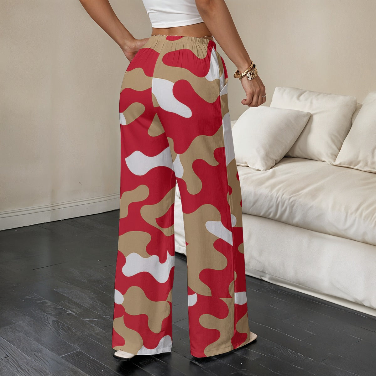 San Francisco Football Camo Straight-Leg Pants – Red Gold Casual Streetwear for Women