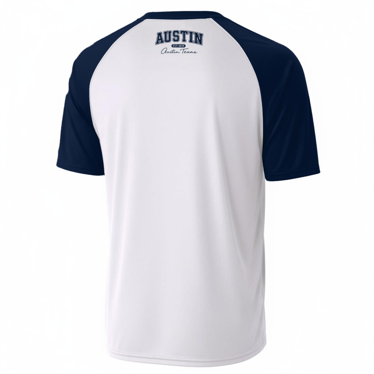 White Smoke Austin Texas Varsity T-Shirt – Classic College Streetwear in White and Navy Blue