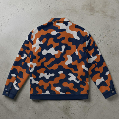 Slate Gray Chicago Football Camo Trucker Jacket – Navy Orange Game Day Utility Jacket