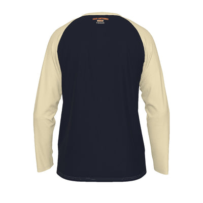 Dark Slate Gray San Antonio Texas 1718 Navy Blue and Cream Long Sleeve Shirt Men Orange Varsity Raglan Tee