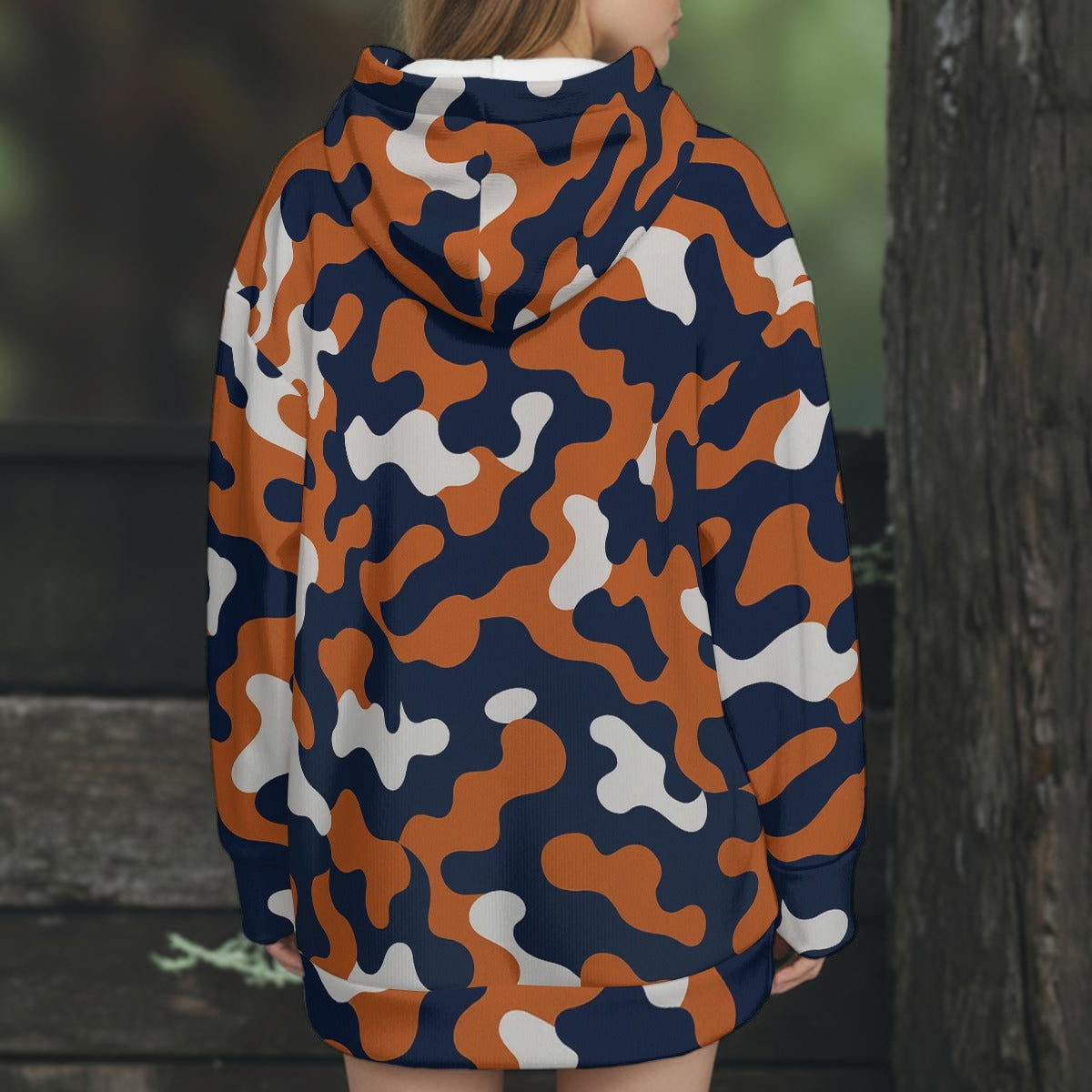 Dark Slate Gray Chicago Football Women’s Camo Hooded Parka – Navy Orange Game Day Winter Coat