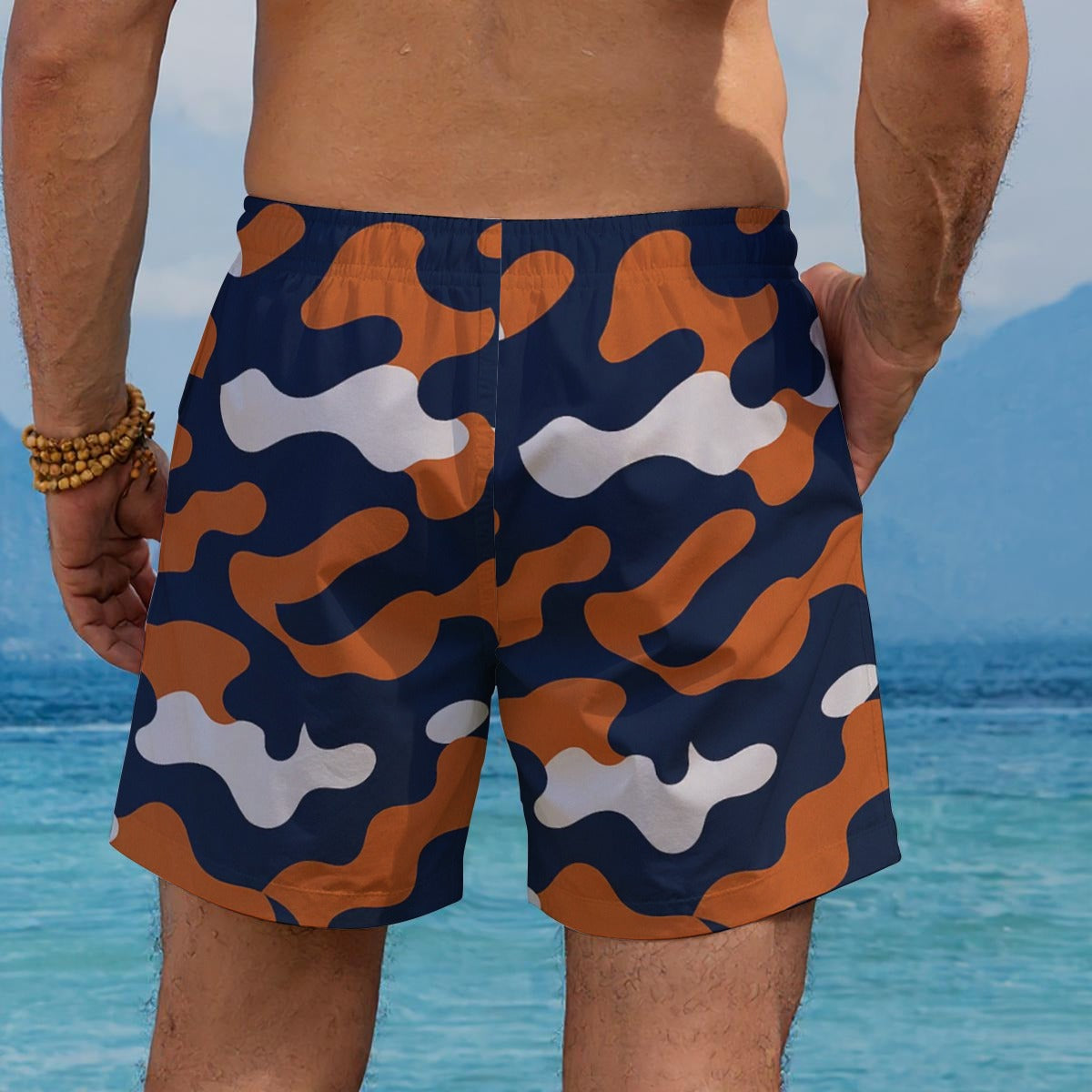 Chicago Football Camo Swim Shorts for Men – Navy Orange Game Day Board Shorts
