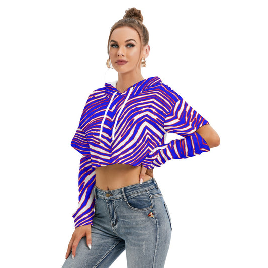 Women’s Heavy Fleece Hoodie with Hollow Out Sleeve – Red, Blue White Zebra Game Day Style