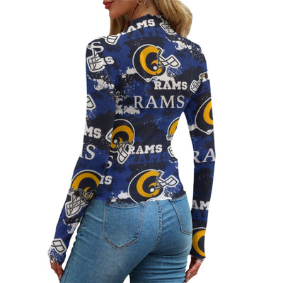 los-angeles-rams-womens-mesh-t-shirt navy orange football outfit detail