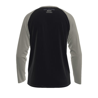 Black San Antonio Texas 1718 Navy and Cream Long Sleeve Shirt Men Varsity Raglan Tee