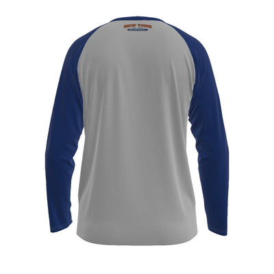 Light Slate Gray New York Baseball White Raglan Shirt with Blue Sleeves – Long Sleeve Game Day Tee