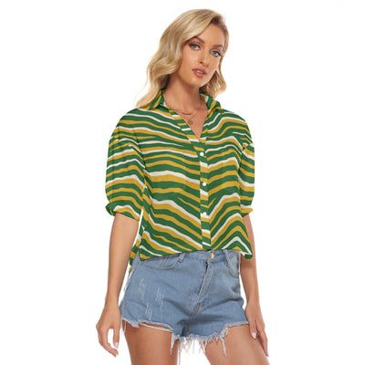 White Smoke Green Bay Football Yellow Green Women’s V-Neck Shirt – Game Day Streetwear