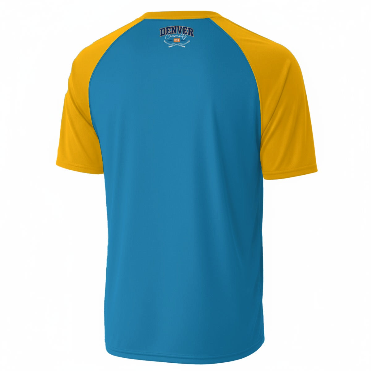 White Smoke Denver Community Varsity T-Shirt – Teal Blue and Yellow Athletic Streetwear Graphic Tee