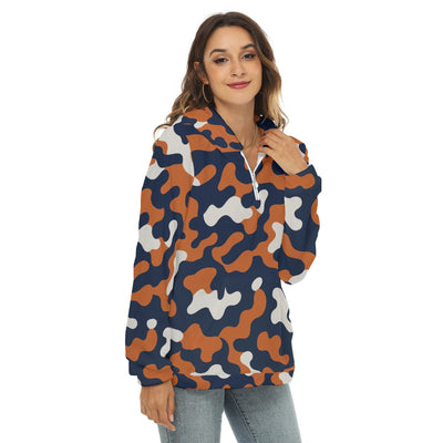 White Smoke Chicago Football Women’s Camo Quarter Zip – Navy Orange Game Day Pullover Jacket