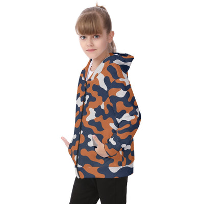 White Smoke Chicago Football Kids Zip Up Camo Hoodie – Navy Orange Youth Game Day Jacket