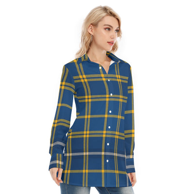 West Virginia Mountaineers Tartan Plaid Blue Gold Women's Long Shirt |115GSM Cotton poplin