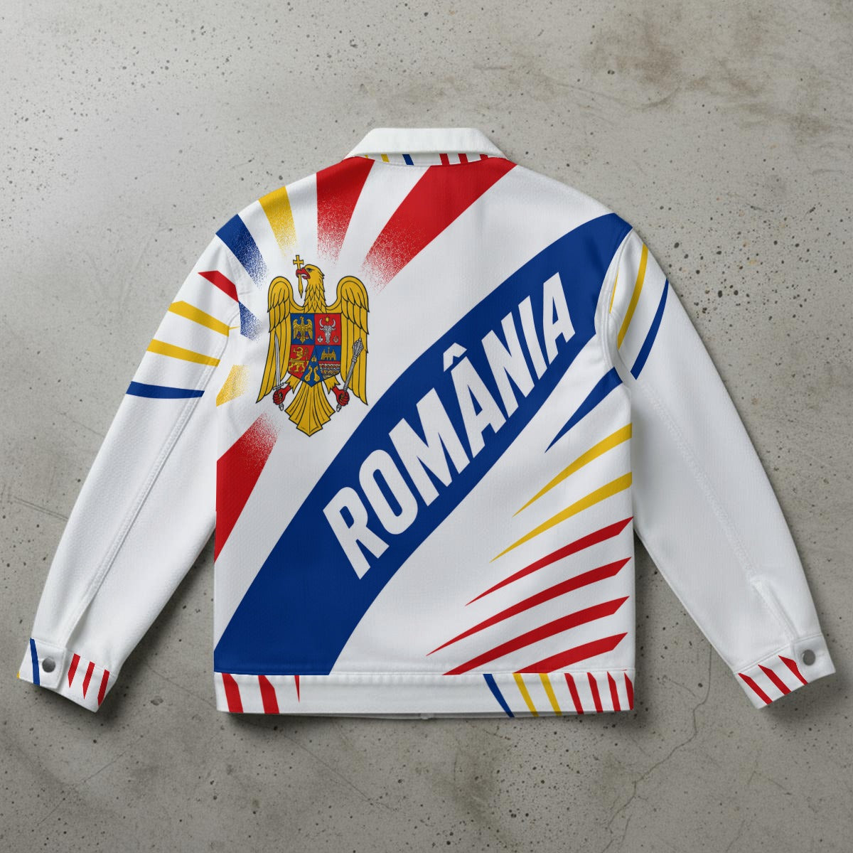 White jacket with colorful design and 'ROMÒNIA' text on a concrete surface
