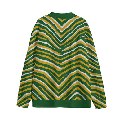 White Smoke Green Bay football zebra Unisex V-neck Knitted Fleece Cardigan With Button Closure
