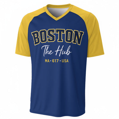 Boston The Hub 617 Varsity T-Shirt โ Navy Blue and Yellow Athletic Streetwear Graphic Tee โ breathable comfort wear, lightweight game day shirt, image 1.0