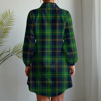 Notre Dame Fighting Irish Green Navy Gold Plaid Womens Long Sleeve Shirt Dress 7 green navy gold plaid women fashion apparel