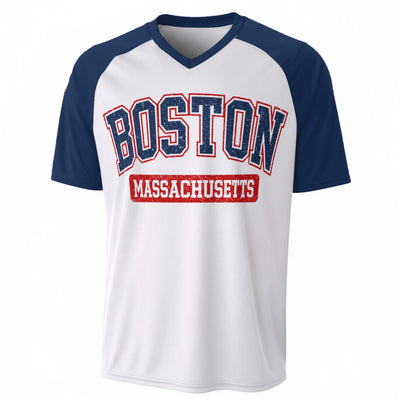 Boston Massachusetts Varsity T-Shirt โ White, Navy Blue and Red Athletic Streetwear Graphic Tee โ game day outfit, football shirt, image 1.0