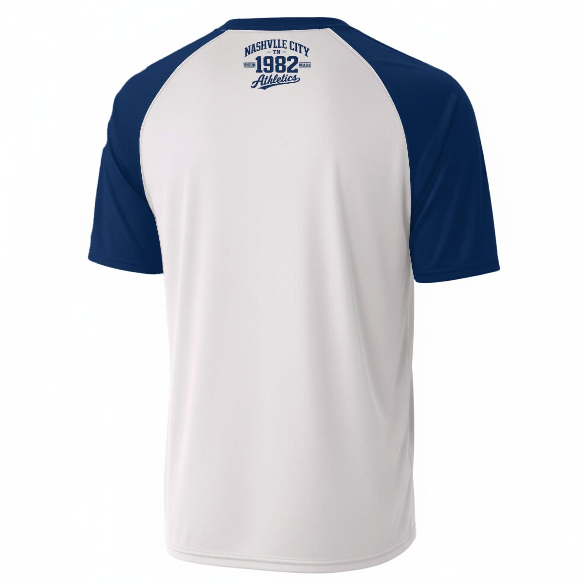 Nashville City TN 1982 Athletics Baseball V-Neck T-Shirt White and Navy Blue – Varsity Streetwear