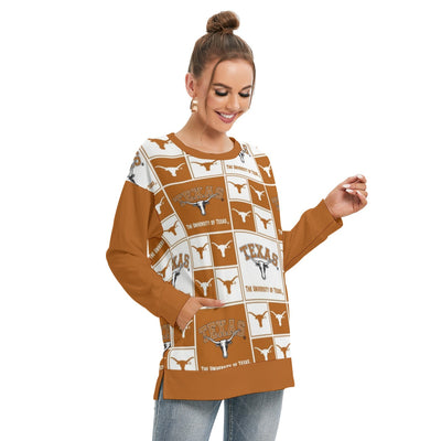 Texas at Austin - Longhorns Women's Side Split O-neck Sweatshirt White varsity sports apparel