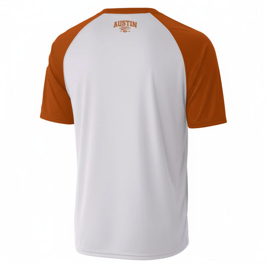 Austin Texas Varsity T-Shirt – Retro City Streetwear in White and Burnt Orange tee