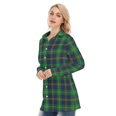 Notre Dame Fighting Irish Green Navy Gold Plaid Womens Long Shirt 8 green navy gold plaid women fashion apparel