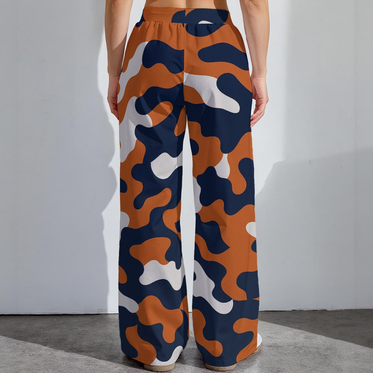 Dark Gray Chicago Football Women’s Camo Wide Leg Pants – Navy Orange Game Day Streetwear Trousers