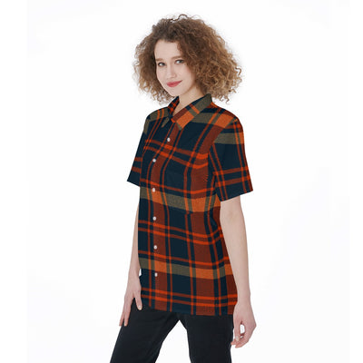 auburn tigers tartan plaid navy orange women's short sleeve shirt with pocket navy orange tartan plaid game day fashion