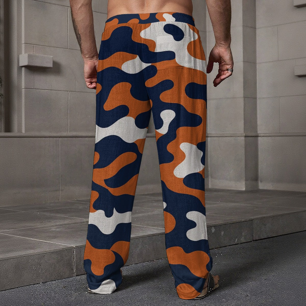 Dim Gray Chicago Football Camo Lounge Pants for Men – Navy Orange Game Day Relaxed Trousers