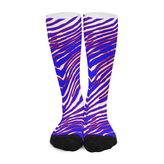 🟥🟦 Red Blue Zebra Game Day Socks – Buffalo-Inspired Retro Football Style