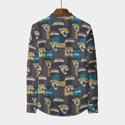 jacksonville-jaguars-mens-stand-collar-shirt-with-long-sleeve-110gsm-imitation-flax teal black football fabric breathable detail