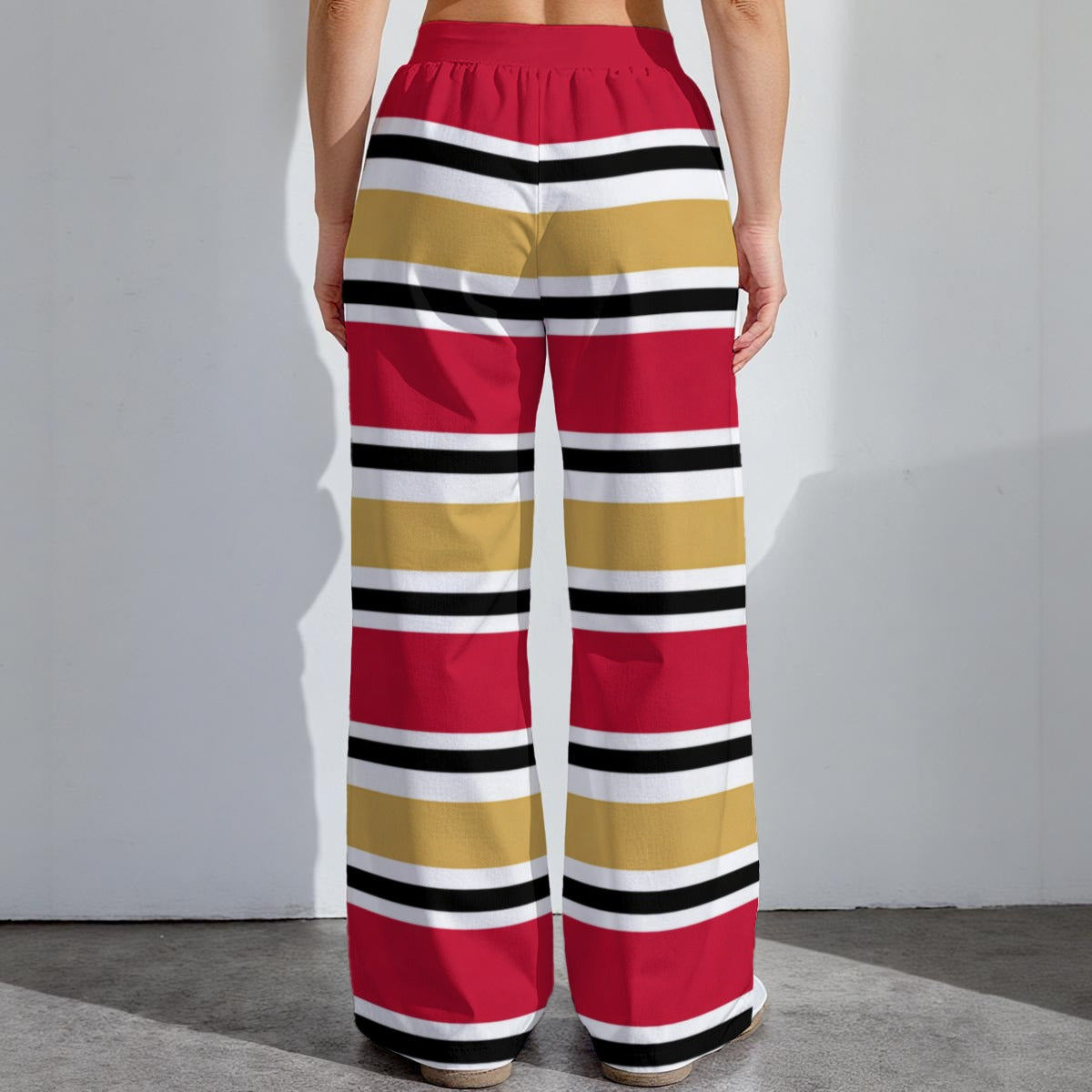 Dark Gray San Francisco Football Striped Women’s Wide Leg Pants – Red and Gold Game Day Style
