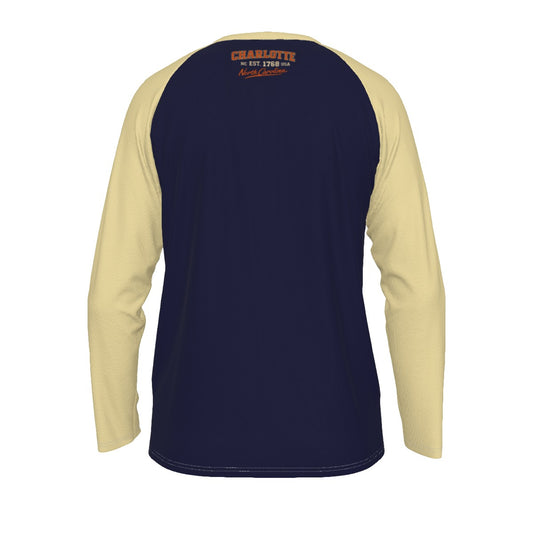 Charlotte NC Est 1768 Long Sleeve Varsity Shirt – Navy Gold North Carolina Raglan