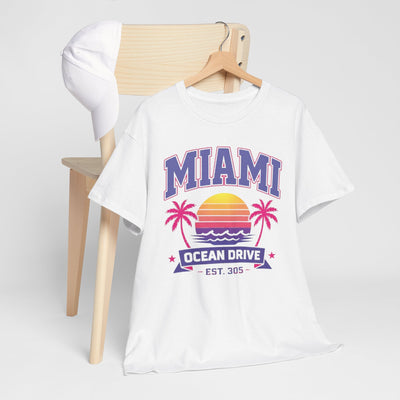 Lavender Miami Ocean Drive Est. 305 Graphic T-Shirt – Retro Sunset Beach Streetwear Tee